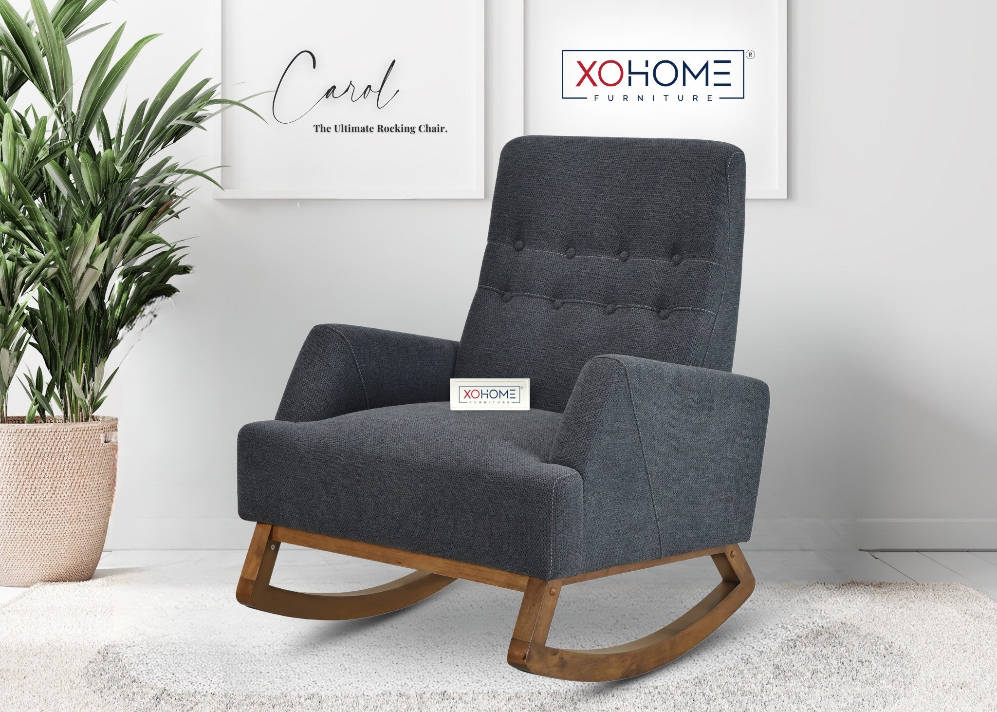 Carol Rocking Chair from XOHOME, flat-packed with a solid wood base, premium fabric, plush cushioning, and luxurious design for ultimate relaxation.