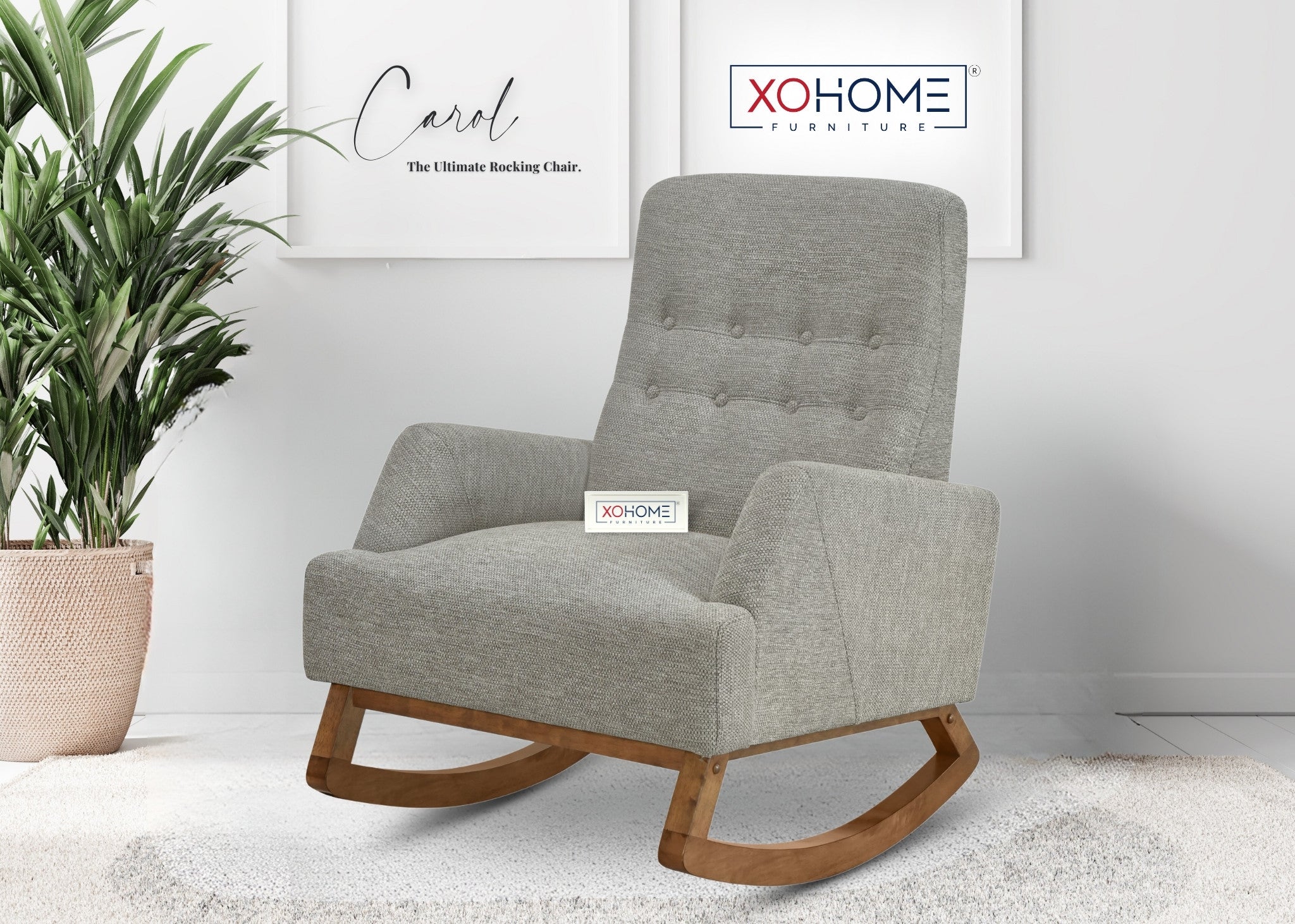 Carol Rocking Chair from XOHOME, flat-packed with a solid wood base, premium fabric, plush cushioning, and luxurious design for ultimate relaxation.