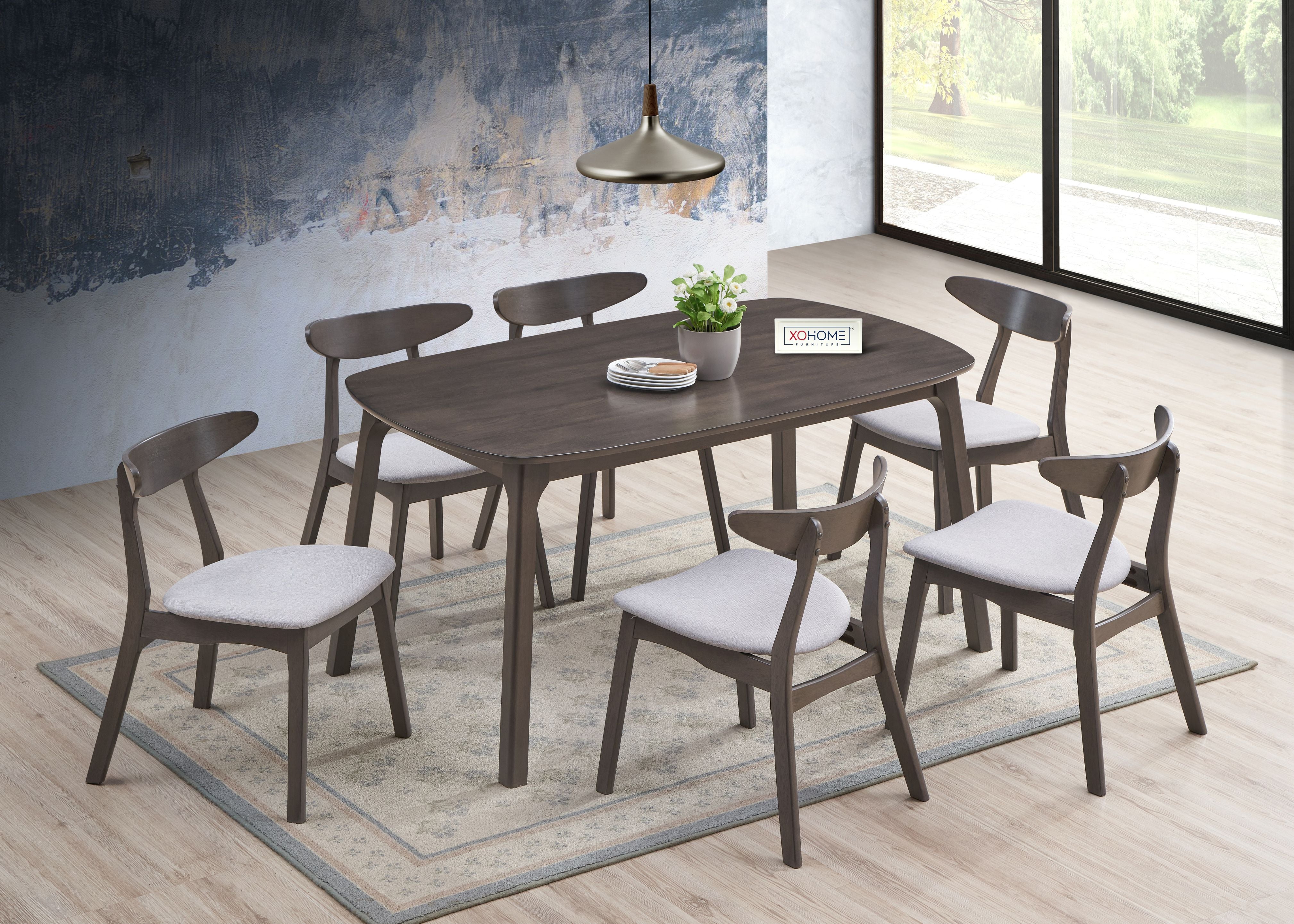 Alisa Solidwood Dining Table Set by XOHOME, featuring six chairs and a rectangular table, all made of pure solid wood, showcasing a natural wood finish and a robust, elegant design.