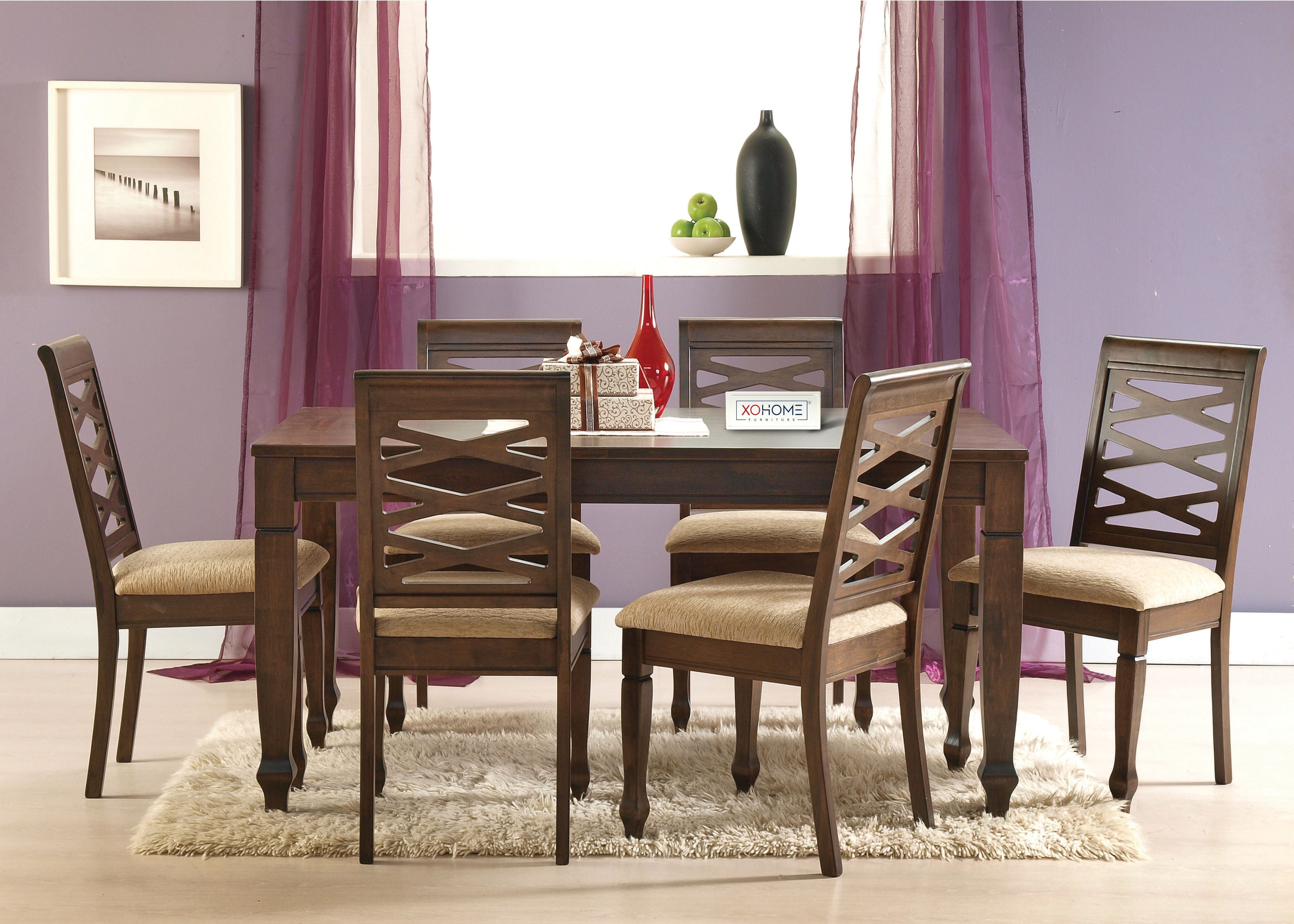 Amber Solidwood Dining Table Set by XOHOME, featuring six chairs and a rectangular table, all made of pure solid wood, showcasing a natural wood finish and a robust, elegant design.