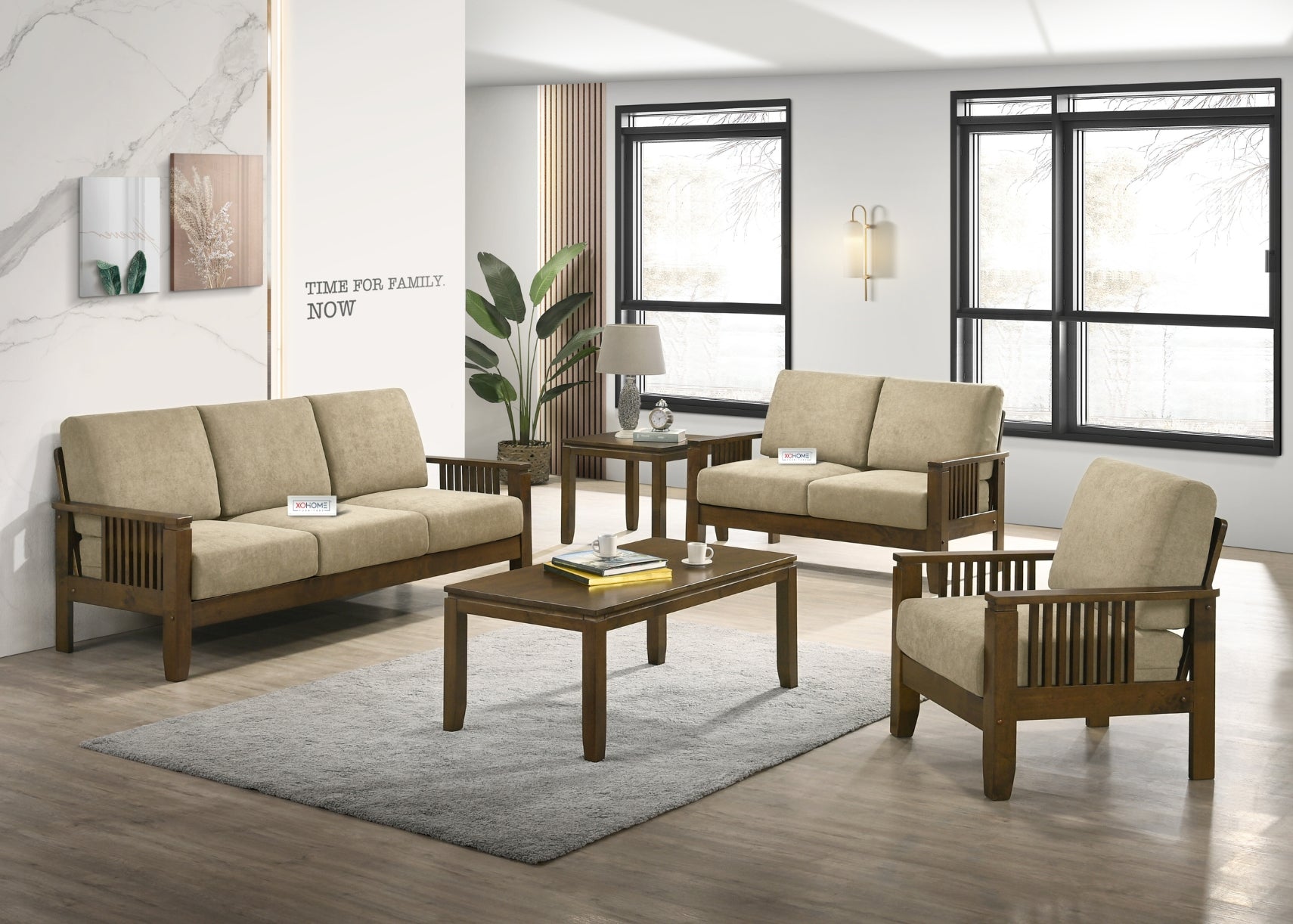 Maria sofa made from pure solid wood in a rich golden brown color, featuring a fully knockdown design for easy assembly. A premium furniture piece from XOHOME.