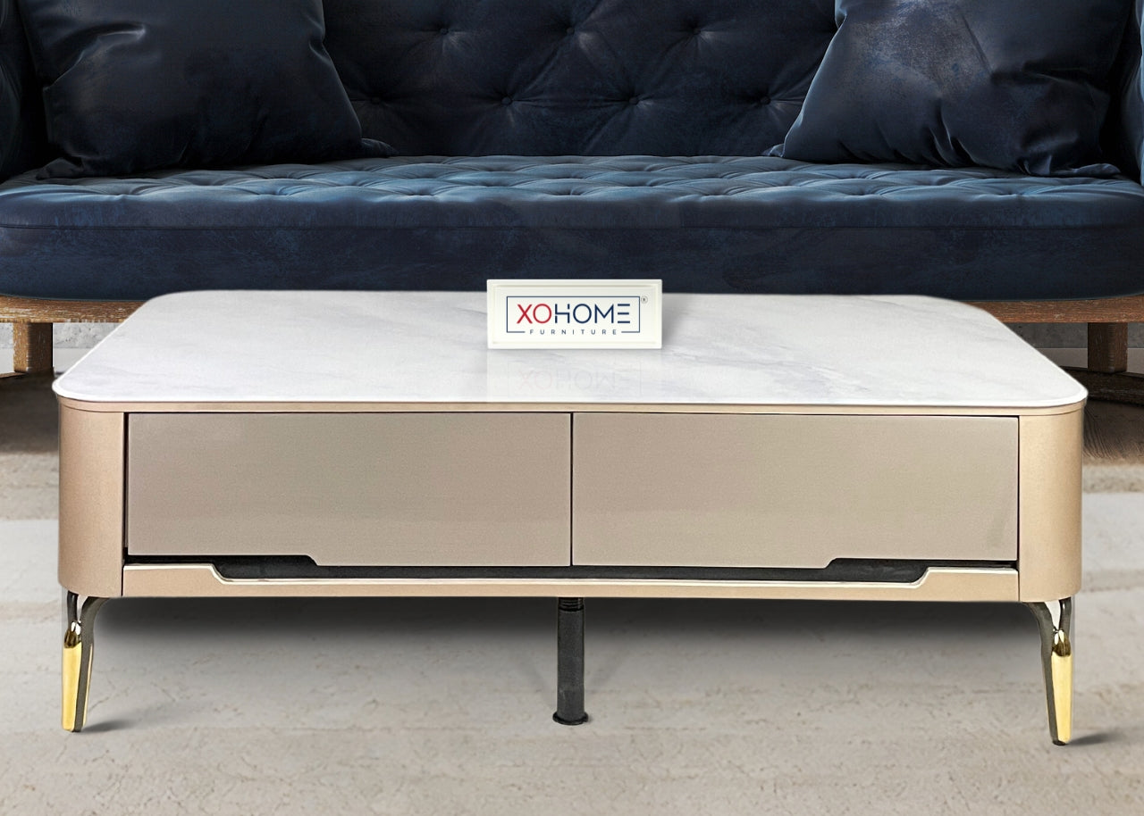 XOHOME Veer Glass top coffee table with 4 storage drawers. The glass top completely looks like a marble. 